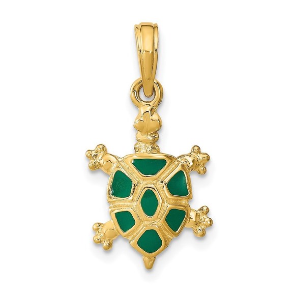 14k Yellow Gold wtih Green Enamel Land Turtle Necklace...